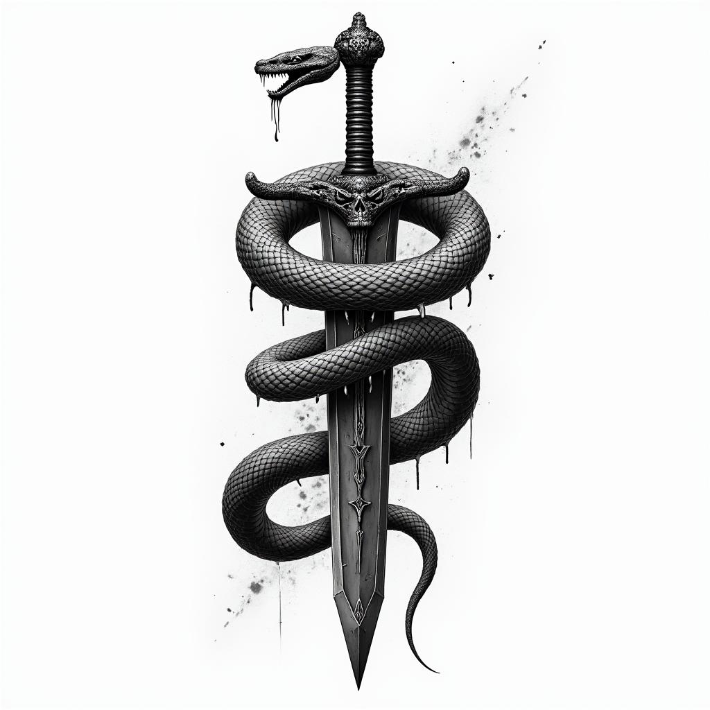 Snake wrapped around sword with design on it in horror tattoo style, showcasing haunting and unsettling, dark and gritty textures with skulls, eerie faces, jgged designs, bold and intense shading - Variation 4
