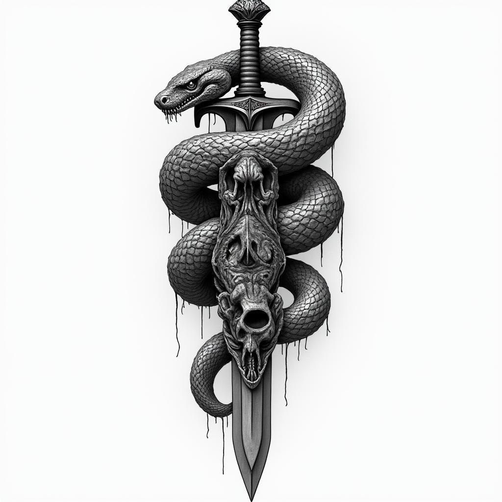Snake wrapped around sword with design on it in horror tattoo style, showcasing haunting and unsettling, dark and gritty textures with skulls, eerie faces, jgged designs, bold and intense shading