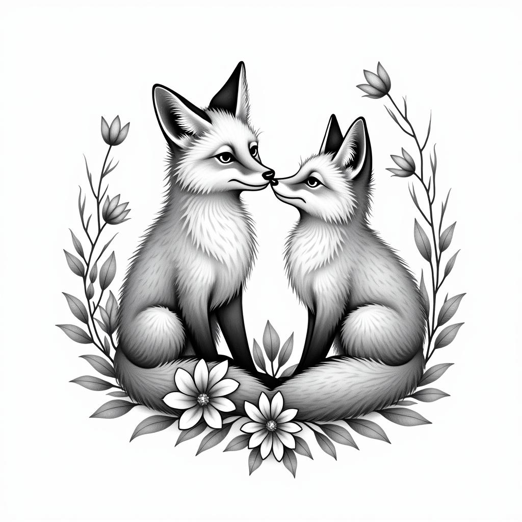 Foxes, flowers, fineline, playful, romanticin bohemian style tattoo, 8k - Variation 8