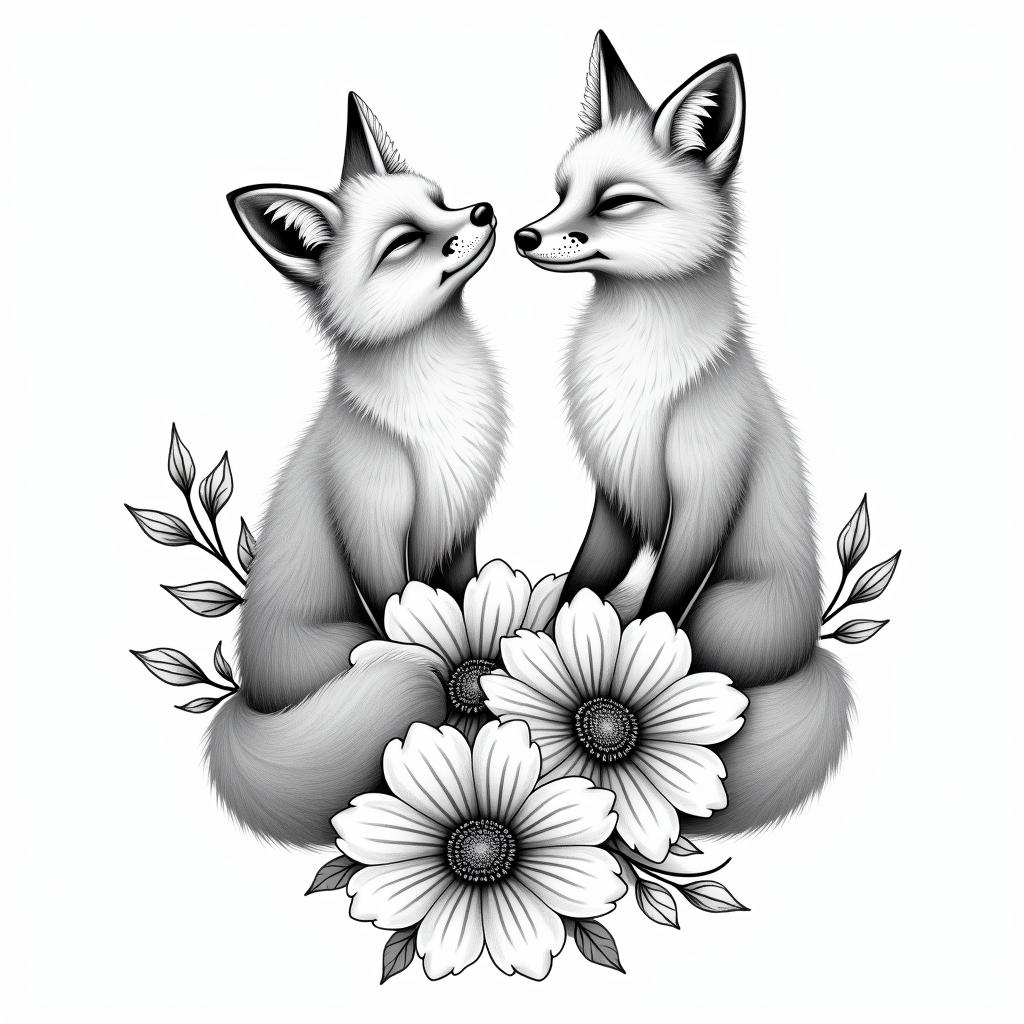 Foxes, flowers, fineline, playful, romanticin bohemian style tattoo, 8k - Variation 7