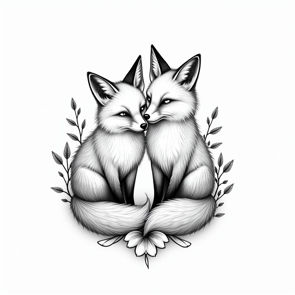 Foxes, flowers, fineline, playful, romanticin bohemian style tattoo, 8k - Variation 6