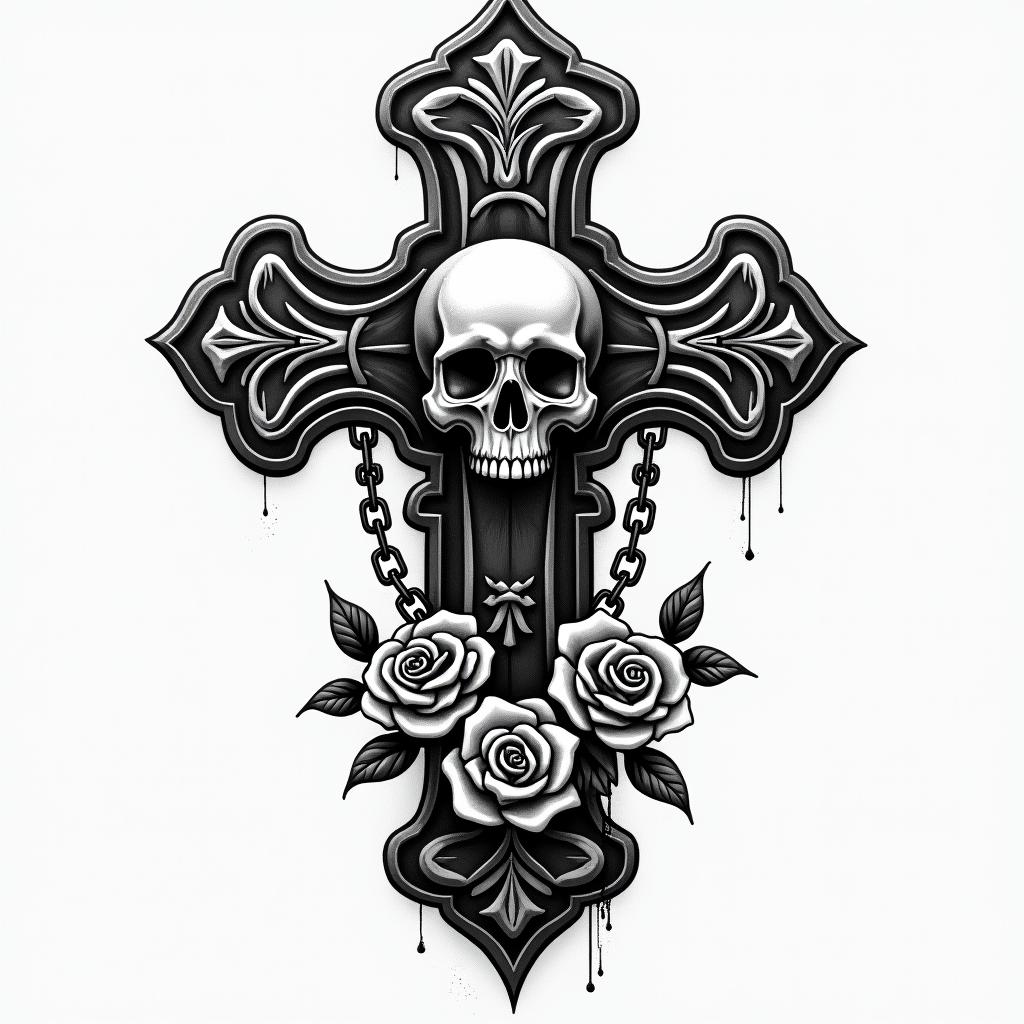 Gangsta old-school realismin chicano style tattoo, featuring intricate black and grey shading, bold elements of traditional chicano culture symbols, add a big cross with skull, chains and roses - Variation 4