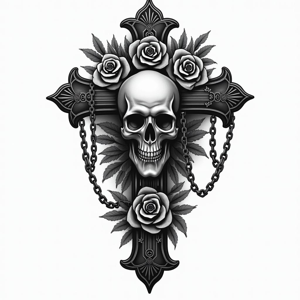 Gangsta old-school realismin chicano style tattoo, featuring intricate black and grey shading, bold elements of traditional chicano culture symbols, add a big cross with skull, chains and roses - Variation 3