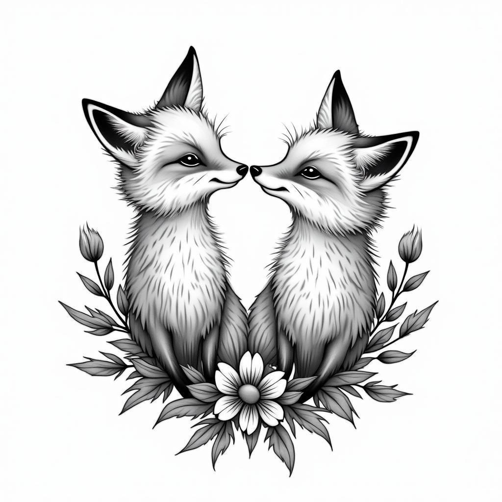 Foxes, flowers, fineline, playful, romanticin bohemian style tattoo, 8k - Variation 2