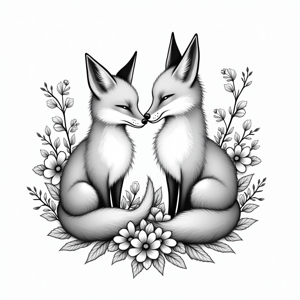 Foxes, flowers, fineline, playful, romanticin bohemian style tattoo, 8k - Variation 3