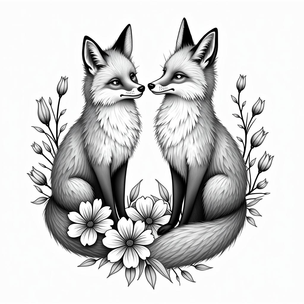 Foxes, flowers, fineline, playful, romanticin bohemian style tattoo, 8k