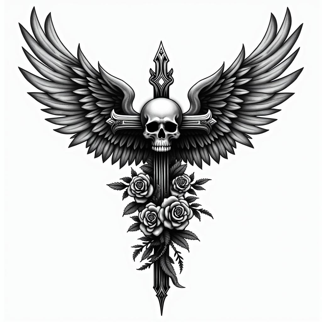 Angel wings with detailed feathersin chicano style tattoo, featuring intricate black and grey shading, bold elements of traditional chicano culture symbols, add a big cross with skull, chains and roses - Variation 1