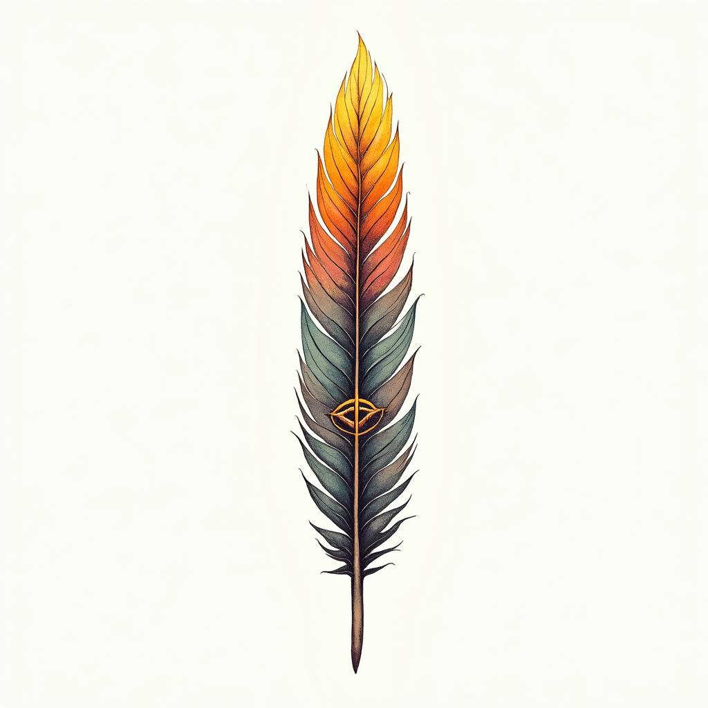 Single feather with sun rising from topin spiritual symbols tattoo style, featuring an intricate design incorporating elements, Hamsa hand, third eye, minimalist composition - Variation 2