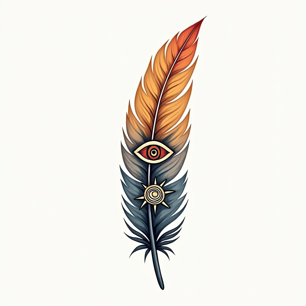 Single feather with sun rising from topin spiritual symbols tattoo style, featuring an intricate design incorporating elements, Hamsa hand, third eye, minimalist composition