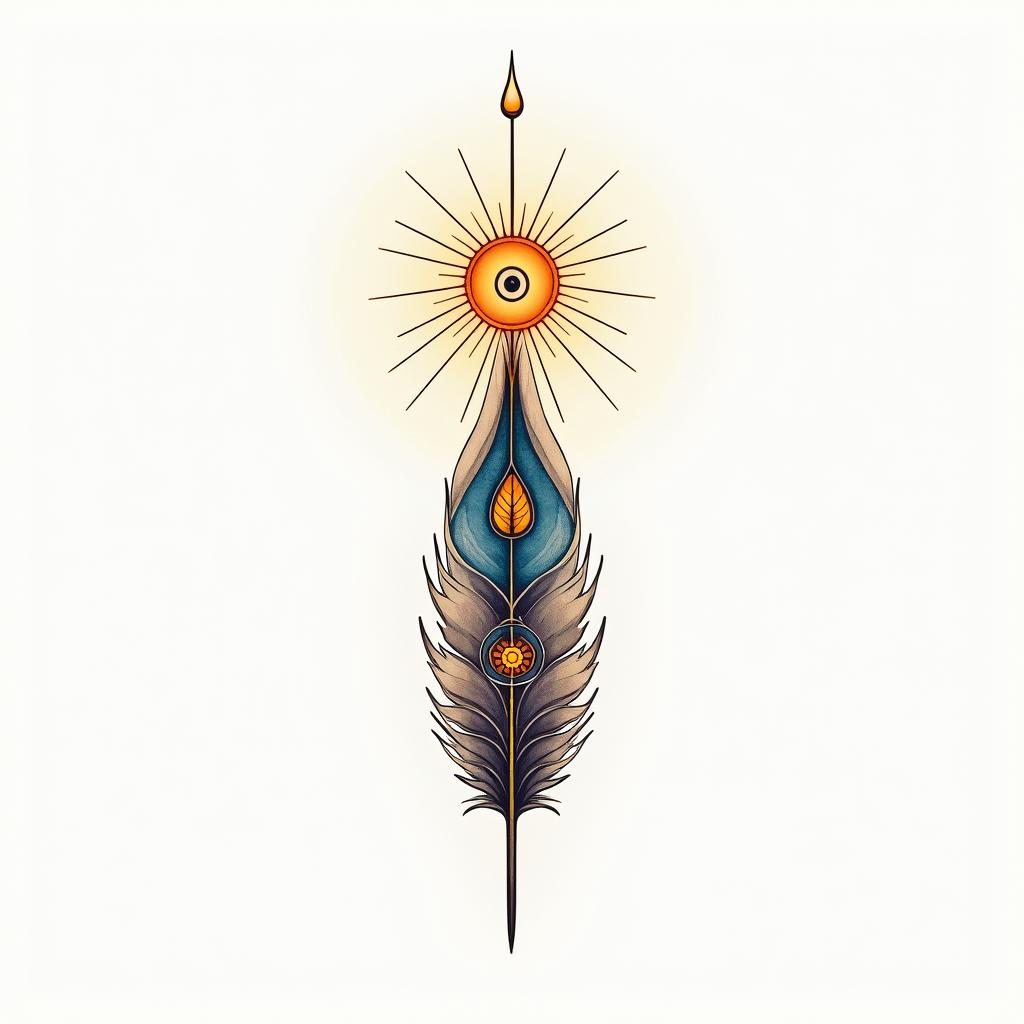 Single feather with sun rising from topin spiritual symbols tattoo style, featuring an intricate design incorporating elements, Hamsa hand, third eye, minimalist composition - Variation 3