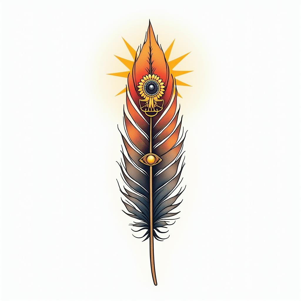 Single feather with sun rising from topin spiritual symbols tattoo style, featuring an intricate design incorporating elements, Hamsa hand, third eye, minimalist composition - Variation 4