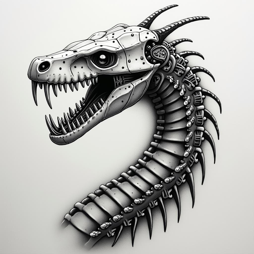 Skeleton snaketattoo in biomechanic style, the tattoo covered by robotic elements of futuristic cyberpunk design, robotic features detail, showcasing intricate mechanical components
