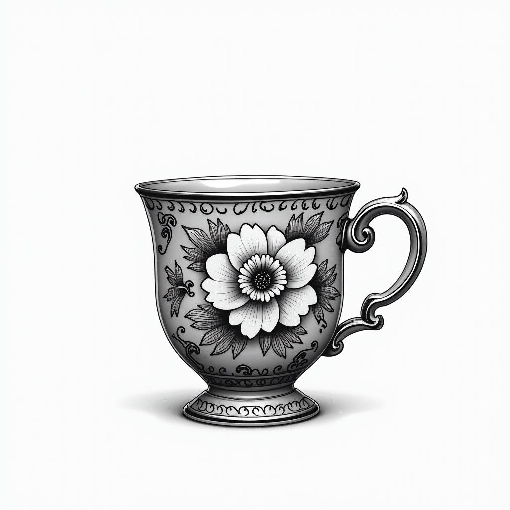 A pretty teacup with a floral designhigly detailed tattoo