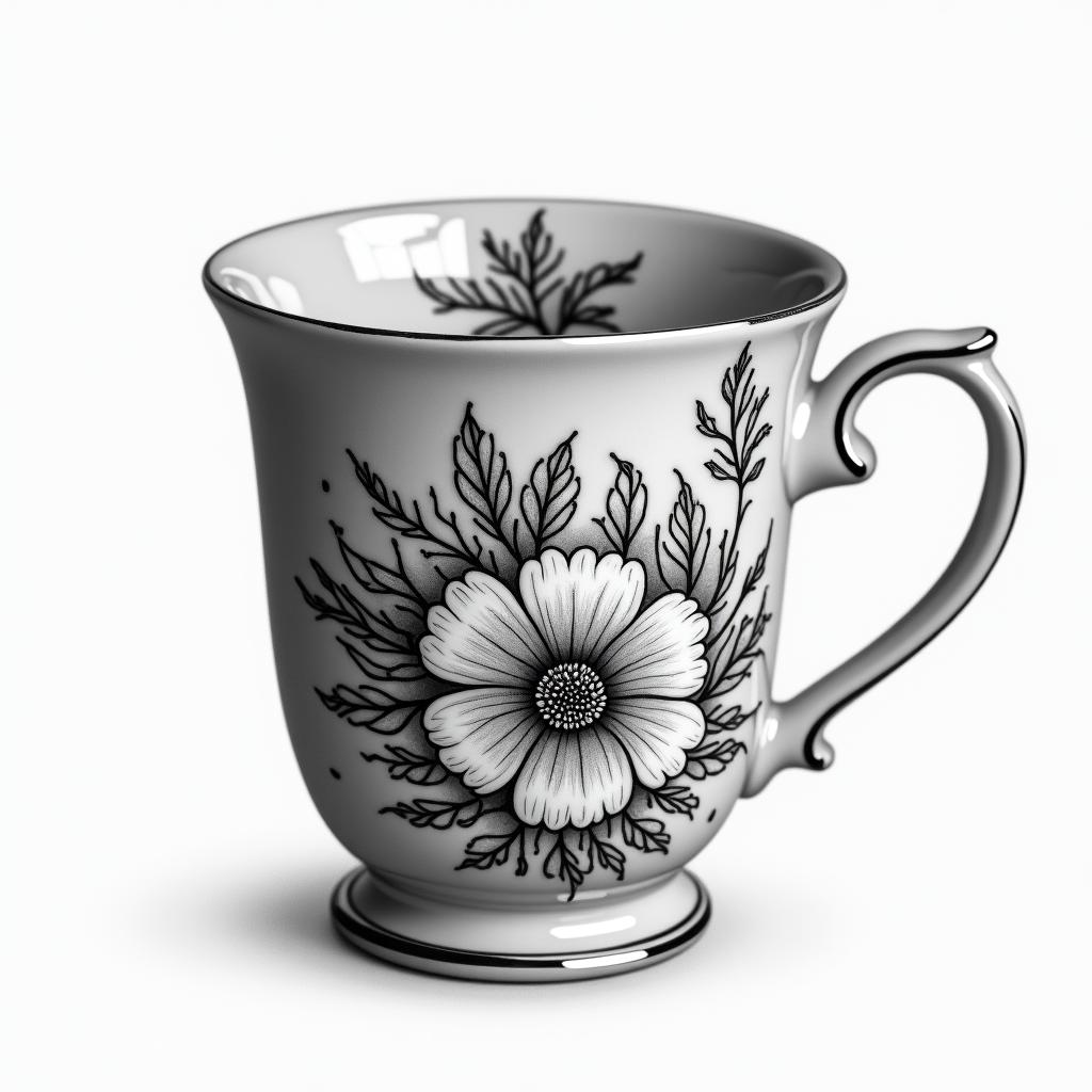 A pretty teacup with a floral designhigly detailed tattoo - Variation 4