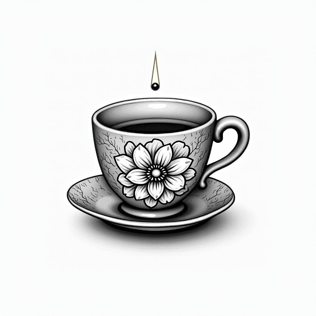 A pretty teacup with a floral designhigly detailed tattoo - Variation 3