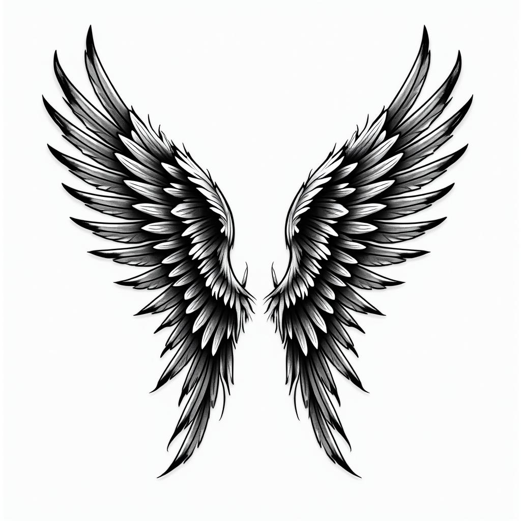 Angel wings with detailed feathersin pop art style tattoo, featuring bold and vibrant colors, exaggerated outlines, iconic imagery, inspired by comic books and speech bubbles, comic book characters, retro pop culture