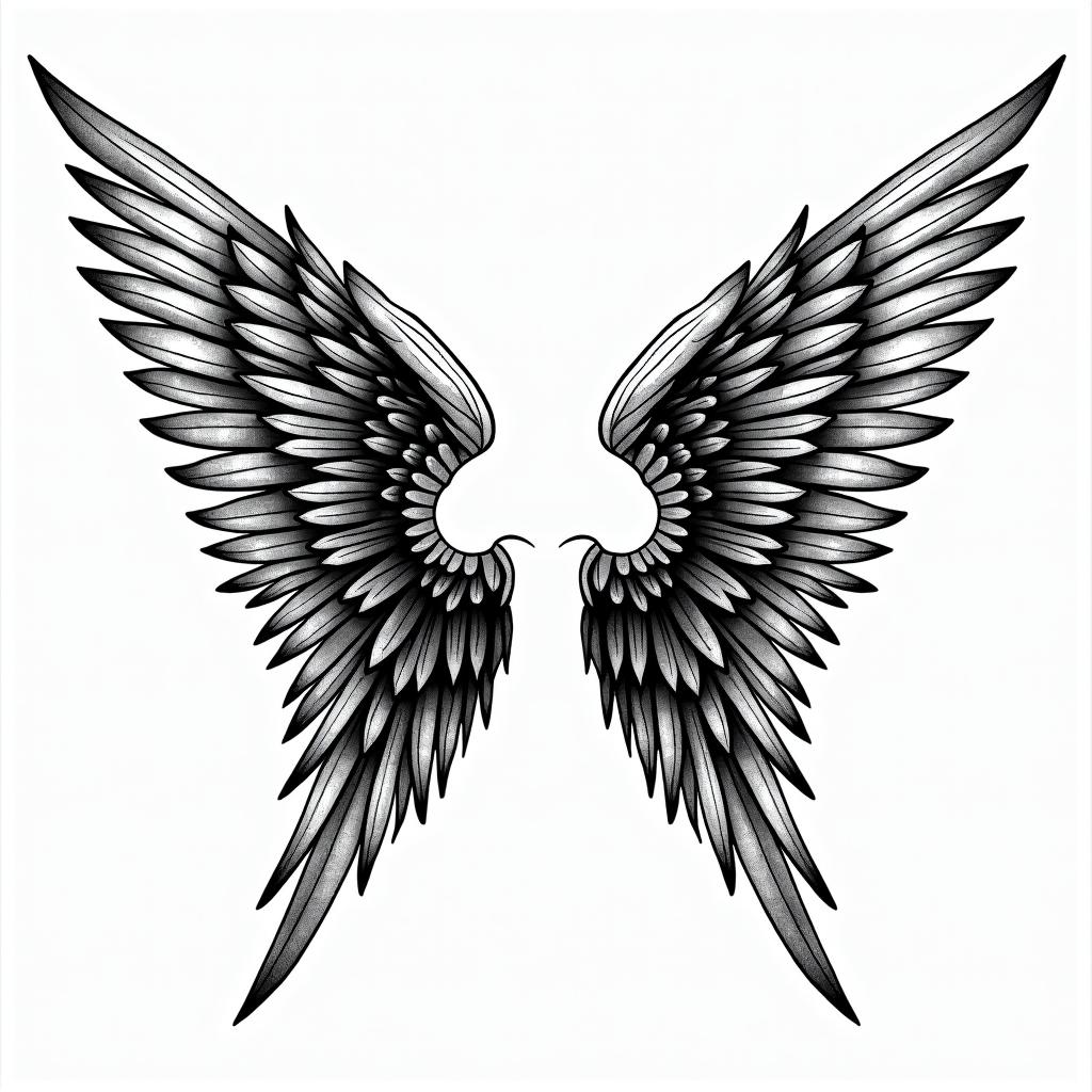 Angel wings with detailed feathersin pop art style tattoo, featuring bold and vibrant colors, exaggerated outlines, iconic imagery, inspired by comic books and speech bubbles, comic book characters, retro pop culture - Variation 3