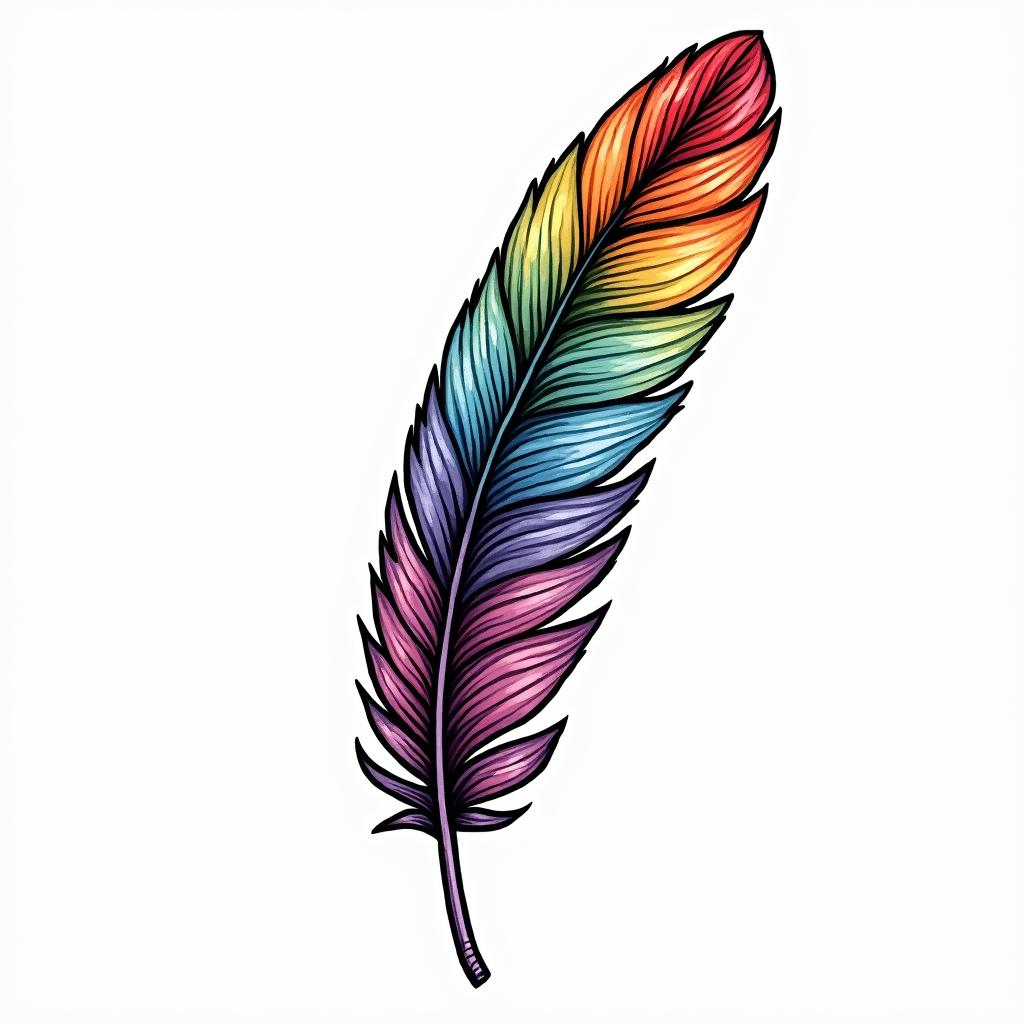 Single feather with rainbow colour'sin pop art style tattoo, featuring bold and vibrant colors, exaggerated outlines, iconic imagery, inspired by comic books and speech bubbles, comic book characters, retro pop culture - Variation 4