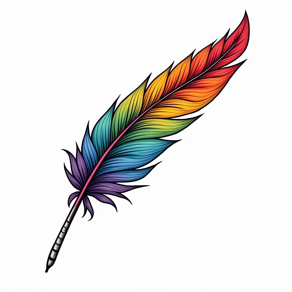 Single feather with rainbow colour'sin pop art style tattoo, featuring bold and vibrant colors, exaggerated outlines, iconic imagery, inspired by comic books and speech bubbles, comic book characters, retro pop culture - Variation 2