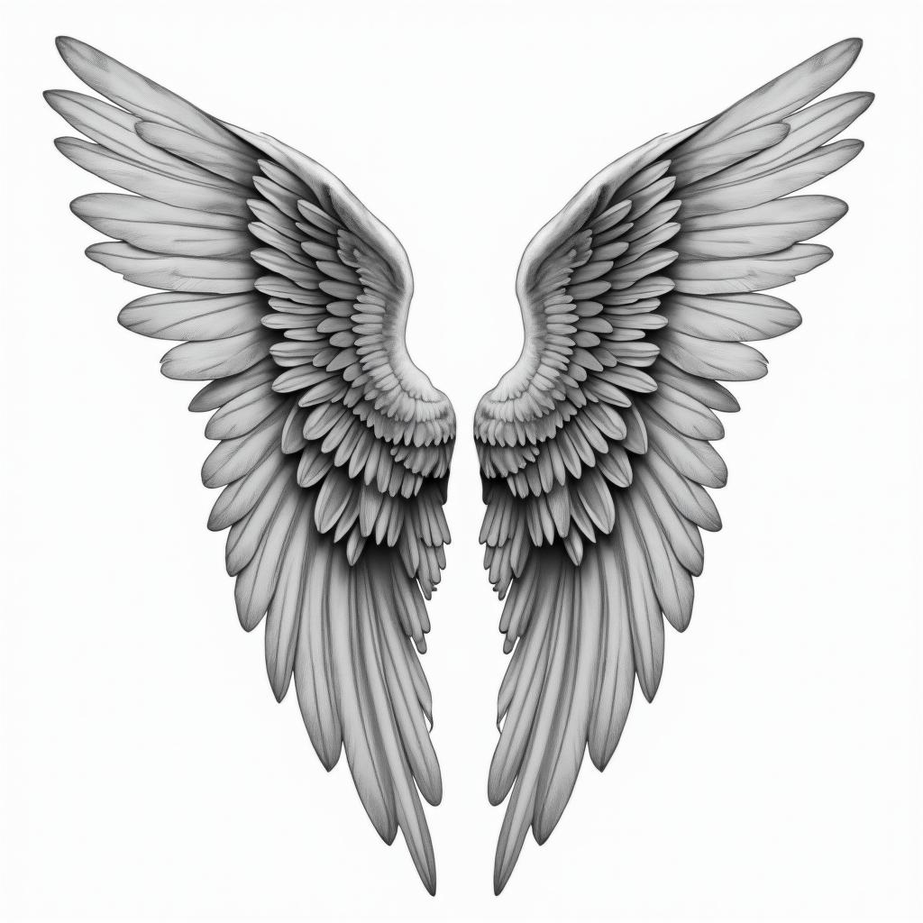 Angel wings with detailed feathersin portrait tattoo style, featuring a highly realistic and detailed depiction  - Variation 3