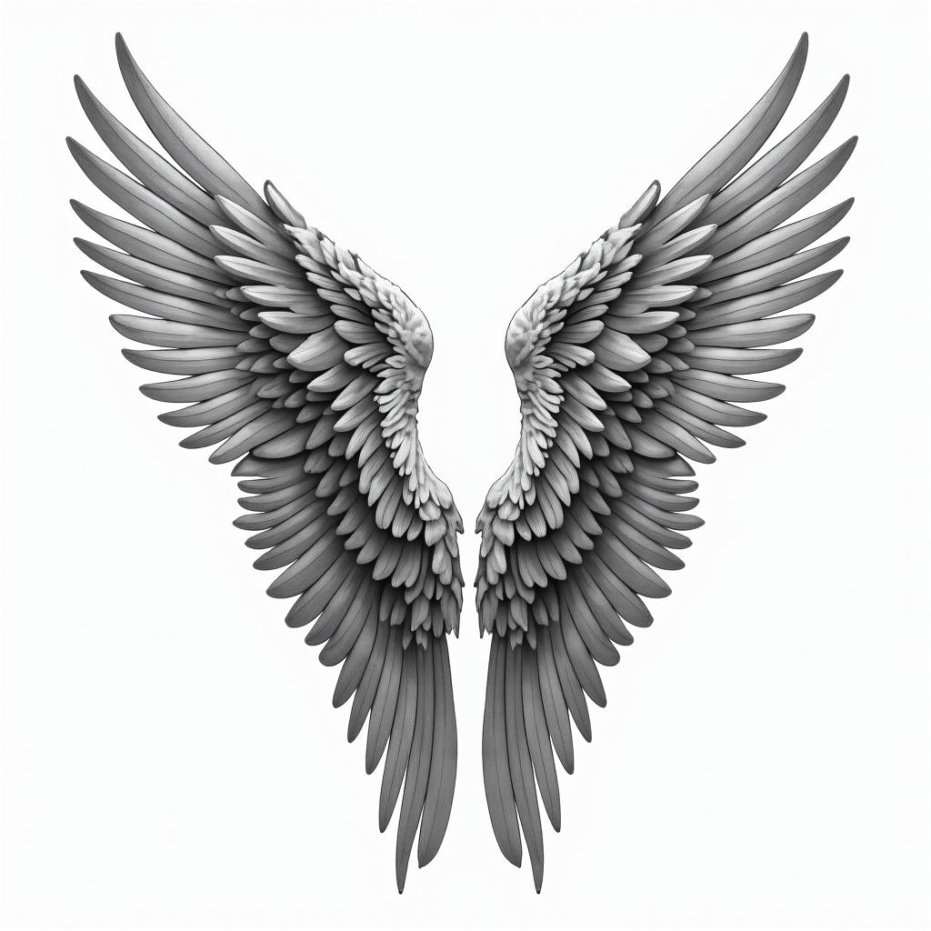 Angel wings with detailed feathersin portrait tattoo style, featuring a highly realistic and detailed depiction  - Variation 2