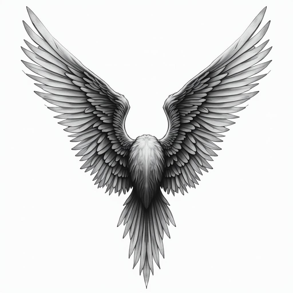 Angel wings with detailed feathersin portrait tattoo style, featuring a highly realistic and detailed depiction