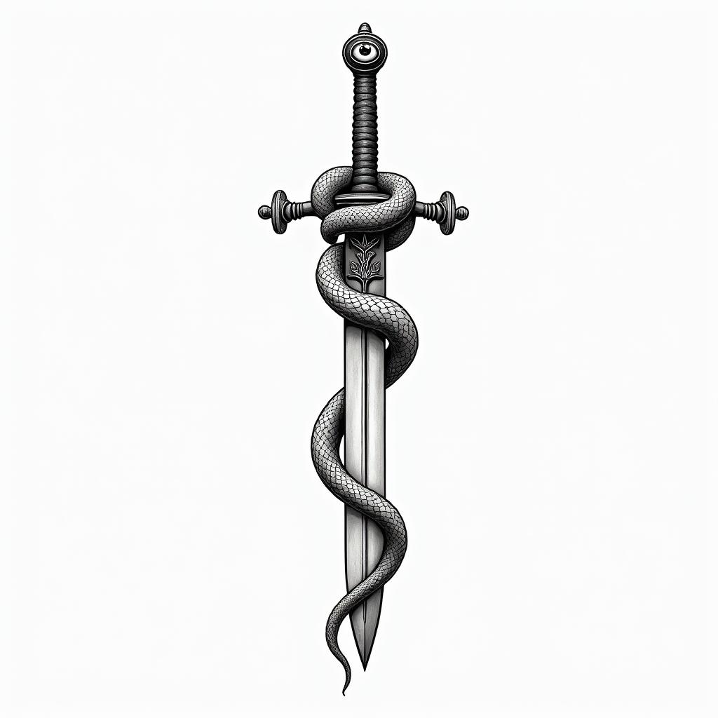 Snake wrapped around sword with design on bladein spiritual symbols tattoo style, featuring an intricate design incorporating elements, Hamsa hand, third eye, minimalist composition - Variation 3