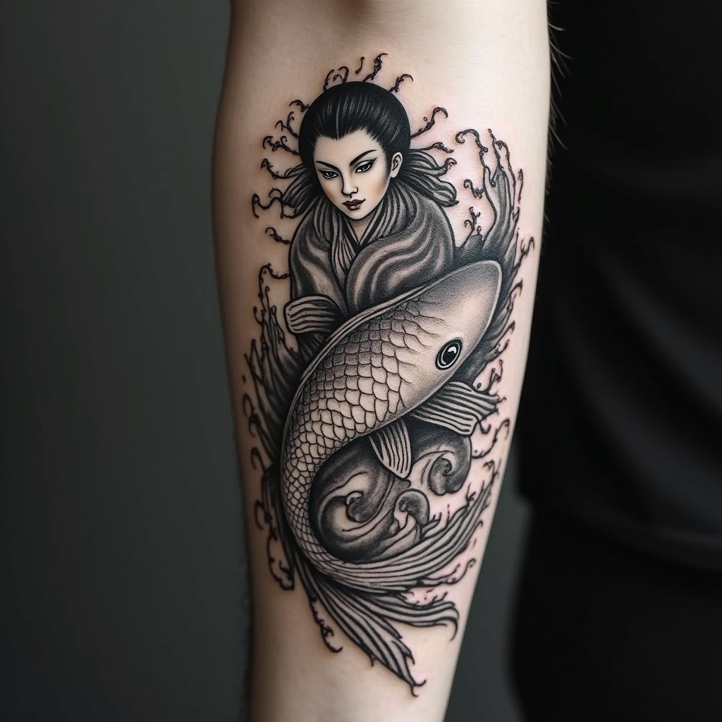 Japanese traditional koi fish and durama dollin japanese style tattoo, detailed tattoo, traditional japanese culture tattoo, mythology, 8k