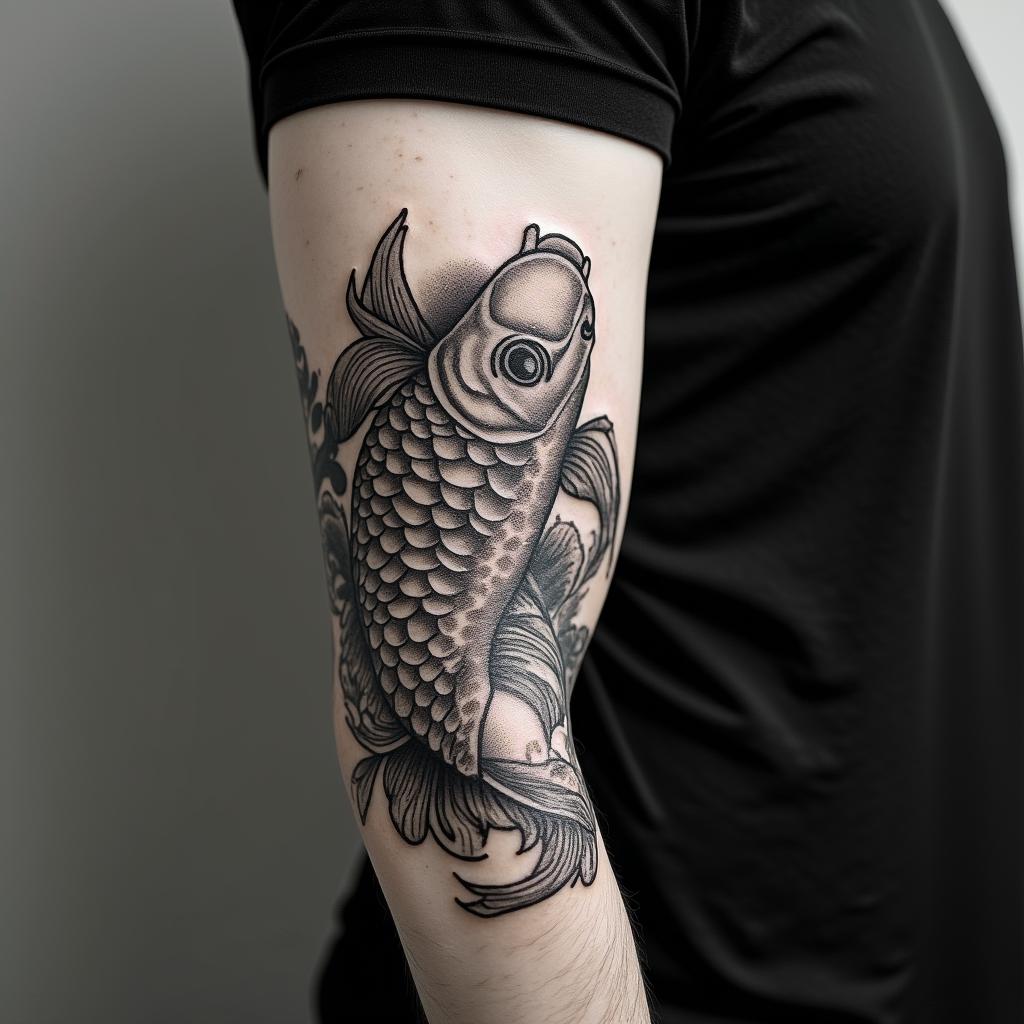 Japanese traditional koi fish and durama dollin japanese style tattoo, detailed tattoo, traditional japanese culture tattoo, mythology, 8k - Variation 2
