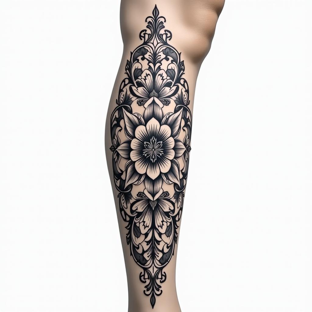 On tibiain ornamental tattoo style, featuring intricate symmetrical patterns and floral designs, showcasing highly detailed line work and geometric shapes, creating a sense of elegance and balance - Variation 1