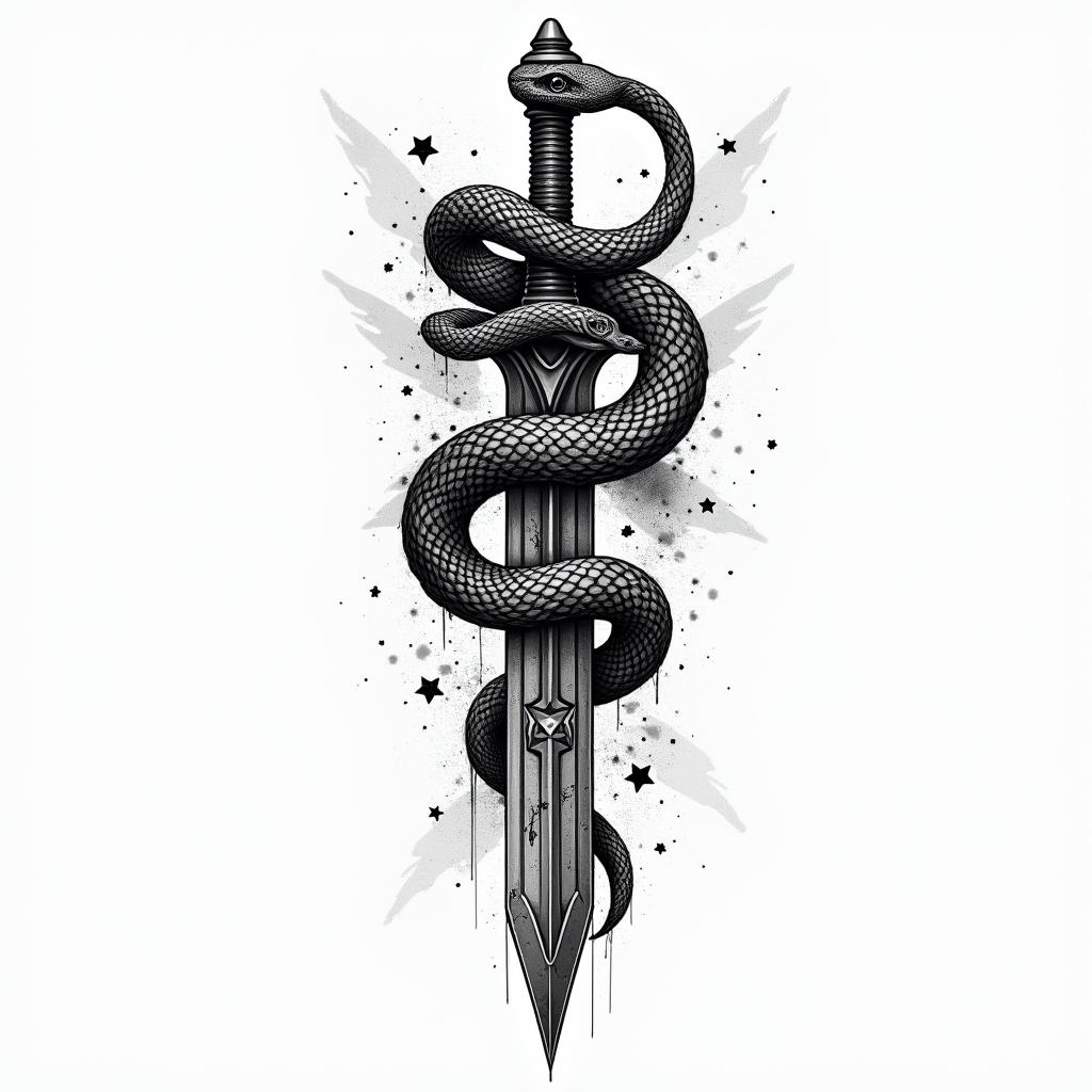 Snake wrapped around sword with design on bladein graffiti style tattoo, featuring bold and dynamic street art elements, spray-paint texture with exaggerated lines and expressive, chaotic brushstrokes, intricate lettering incorporated with graffiti tags, symbols like hearts, stars, and wings - Variation 3