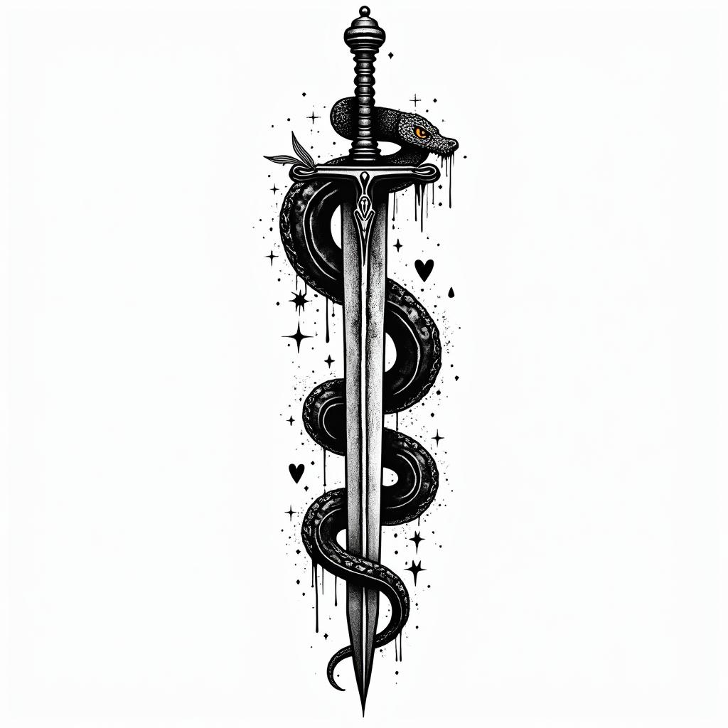 Snake wrapped around sword with design on bladein graffiti style tattoo, featuring bold and dynamic street art elements, spray-paint texture with exaggerated lines and expressive, chaotic brushstrokes, intricate lettering incorporated with graffiti tags, symbols like hearts, stars, and wings