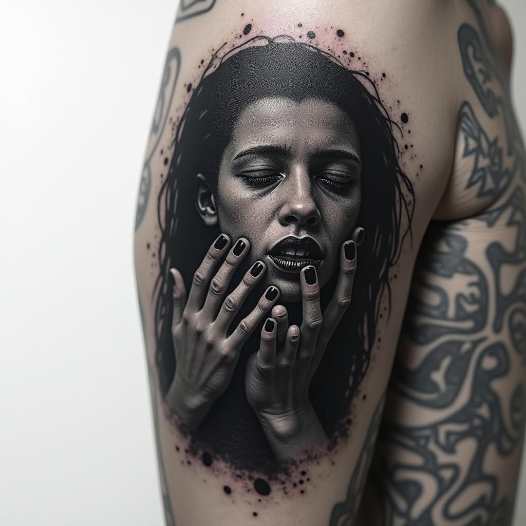 A deeply emotive tattoo representing childhood abuse, illustrating a dark and oppressive atmosphere. The design features shadows and dark imagery symbolizing pain and alienation, with a figure on the brink of death, feeling like a stranger to the world. The artwork embodies a sense of hopelessness and the struggle for survival, using dark shades to convey the weight of trauma and a stark reflection of that very dark time in life.higly detailed tattoo - Variation 8