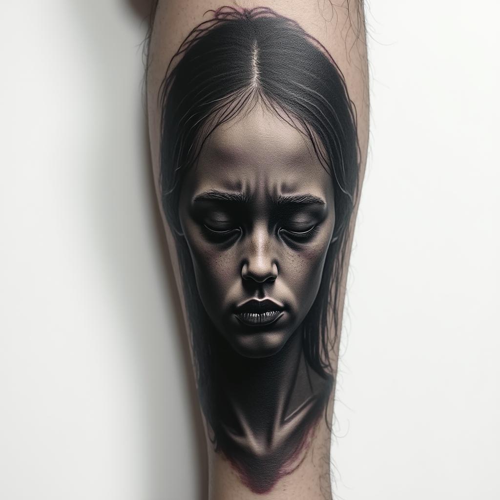 A deeply emotive tattoo representing childhood abuse, illustrating a dark and oppressive atmosphere. The design features shadows and dark imagery symbolizing pain and alienation, with a figure on the brink of death, feeling like a stranger to the world. The artwork embodies a sense of hopelessness and the struggle for survival, using dark shades to convey the weight of trauma and a stark reflection of that very dark time in life.higly detailed tattoo - Variation 6