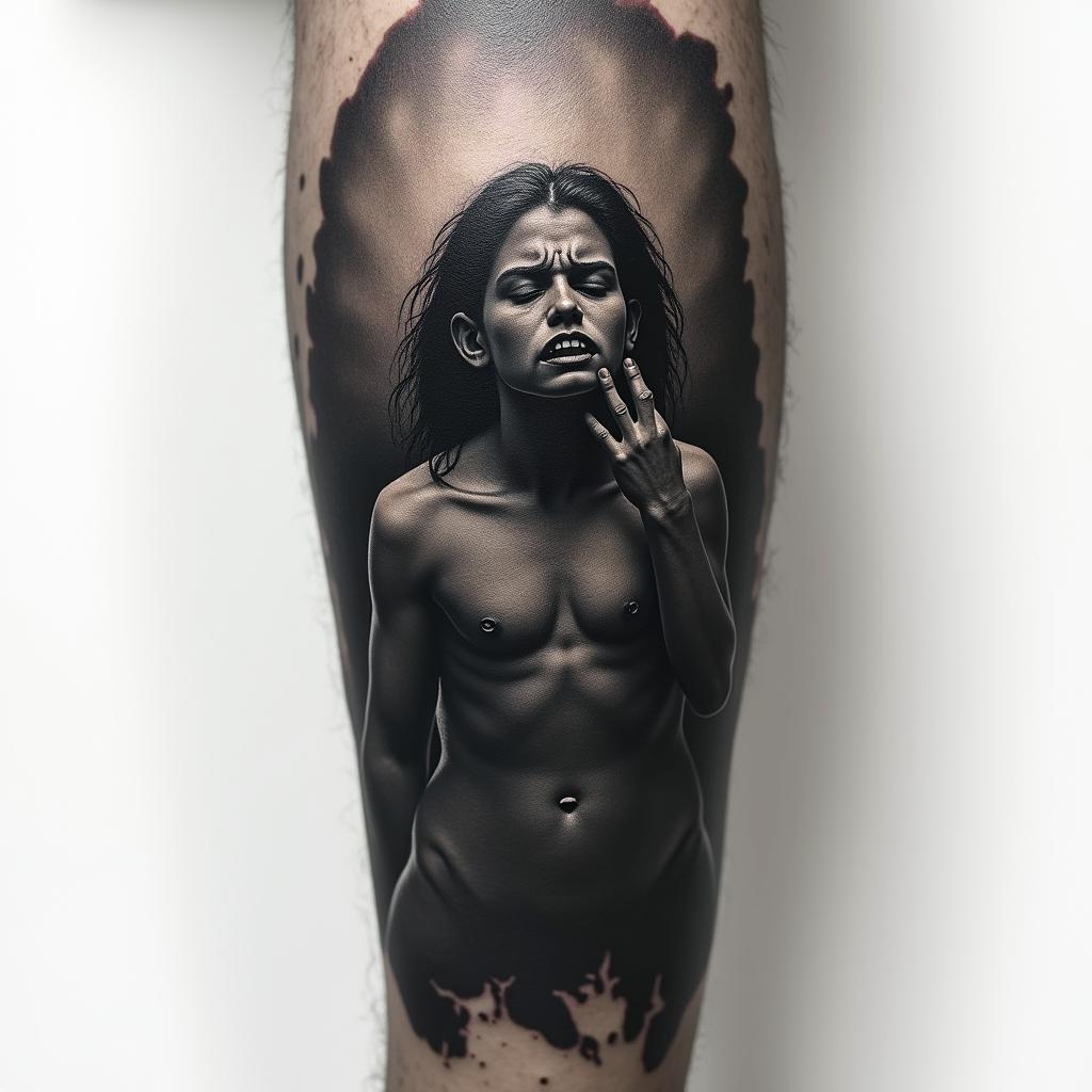 A deeply emotive tattoo representing childhood abuse, illustrating a dark and oppressive atmosphere. The design features shadows and dark imagery symbolizing pain and alienation, with a figure on the brink of death, feeling like a stranger to the world. The artwork embodies a sense of hopelessness and the struggle for survival, using dark shades to convey the weight of trauma and a stark reflection of that very dark time in life.higly detailed tattoo - Variation 7