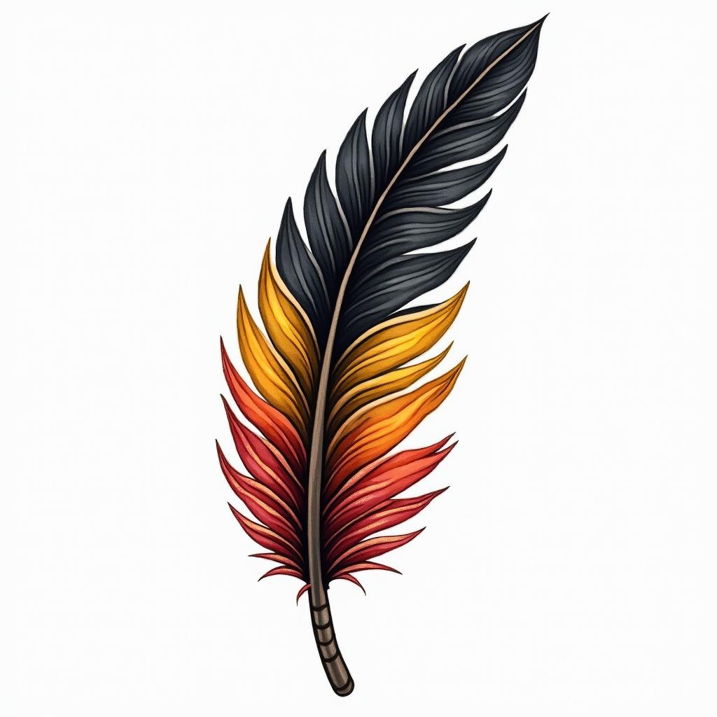 Single feather in Black, yellow, and redhigly detailed tattoo - Variation 4