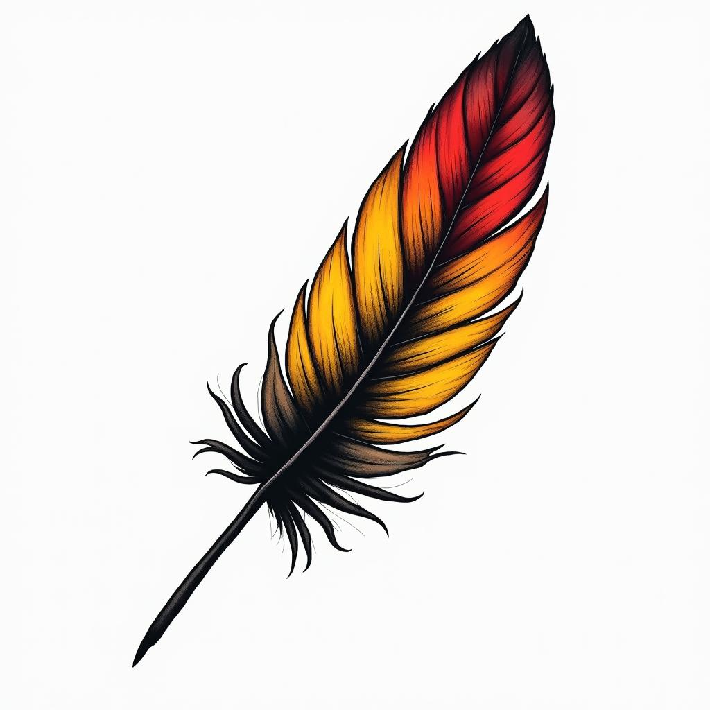 Single feather in Black, yellow, and redhigly detailed tattoo - Variation 3