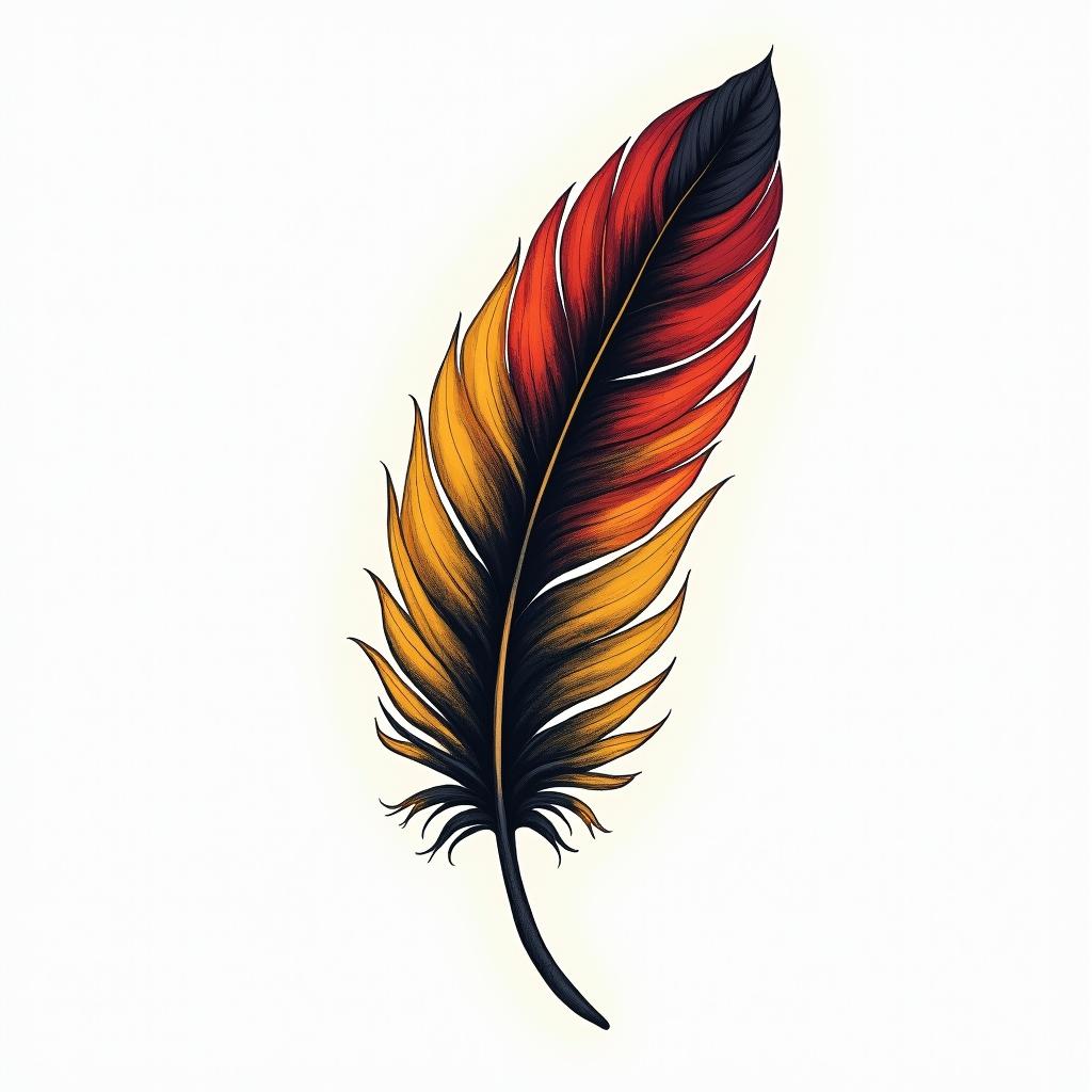 Single feather in Black, yellow, and redhigly detailed tattoo - Variation 2