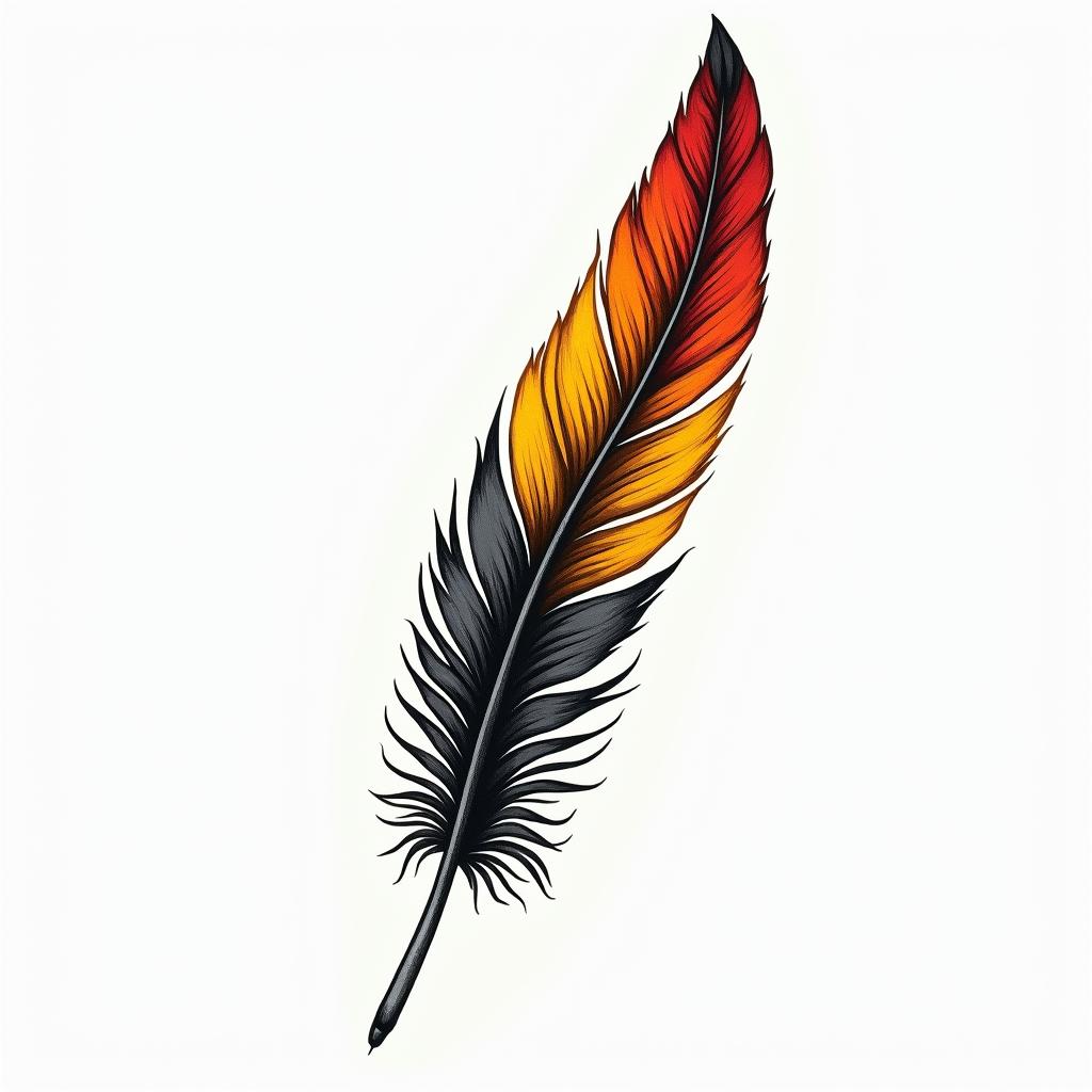 Single feather in Black, yellow, and redhigly detailed tattoo