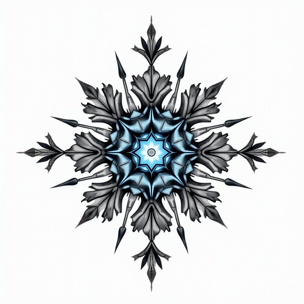 I don't want to forget my father's illness. I want to put in blue amber and a bow and arrow. in geometric style tattoo, blending hexagons, mandala-inspired patterns, symmetrical and fractal design, clean lines, sharp angles - Variation 1