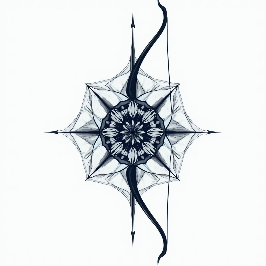 I don't want to forget my father's illness. I want to put in blue amber and a bow and arrow. in geometric style tattoo, blending hexagons, mandala-inspired patterns, symmetrical and fractal design, clean lines, sharp angles - Variation 4