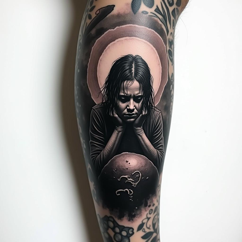 A deeply emotive tattoo representing childhood abuse, illustrating a dark and oppressive atmosphere. The design features shadows and dark imagery symbolizing pain and alienation, with a figure on the brink of death, feeling like a stranger to the world. The artwork embodies a sense of hopelessness and the struggle for survival, using dark shades to convey the weight of trauma and a stark reflection of that very dark time in life.higly detailed tattoo - Variation 3