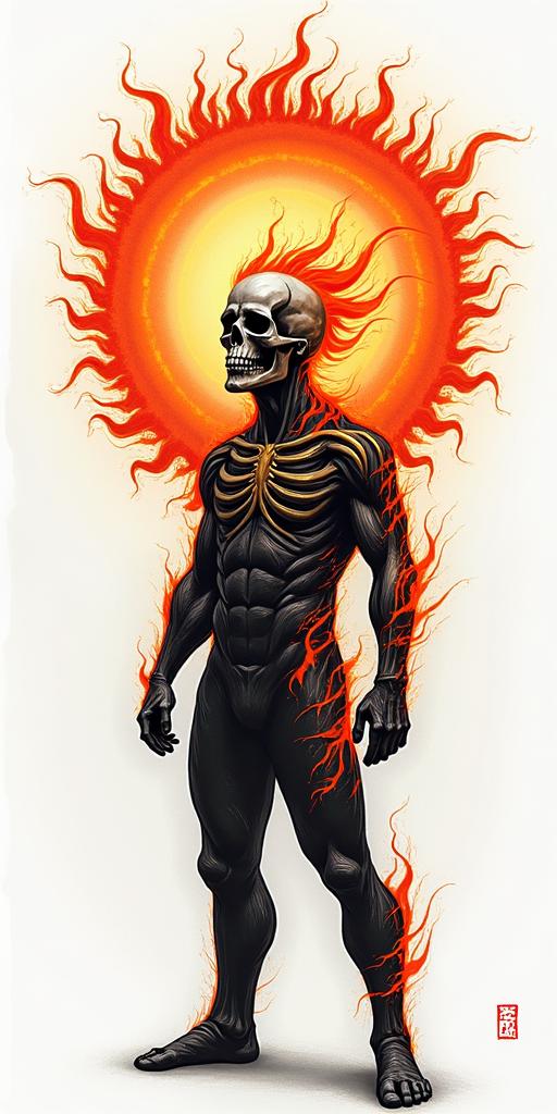 Flames off a sun skullin flame tattoo style showcasing fiery elements with dynamic flame patterns, glowing effect of flames, natural colors - Variation 4