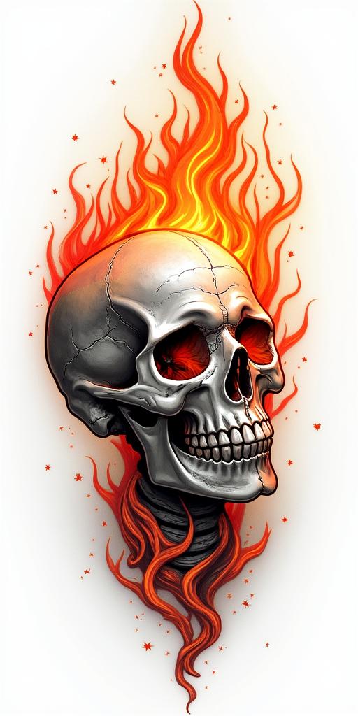 Flames off a sun skullin flame tattoo style showcasing fiery elements with dynamic flame patterns, glowing effect of flames, natural colors