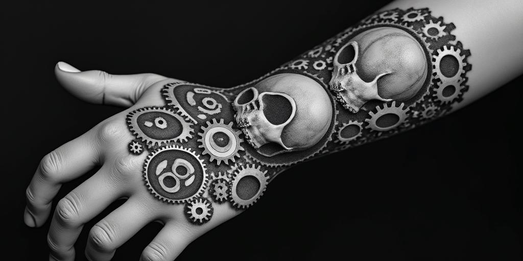 Mechanical gears fused with human anatomy skullshigly detailed tattoo - Variation 4