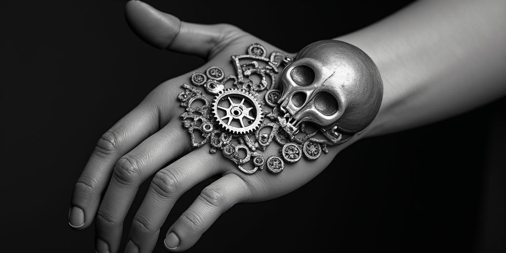 Mechanical gears fused with human anatomy skullshigly detailed tattoo - Variation 2