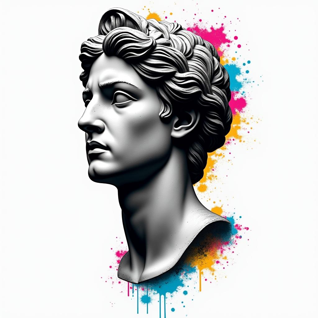 Punk, rebellious, anti-fascist, anti-capitalistin distorted and fragmented tattoo design, featuring a classical statue bust, in a glitch art style with vibrant, overlapping colors of cyan, magenta, and yellow, creating a digital distortion effect - Variation 1