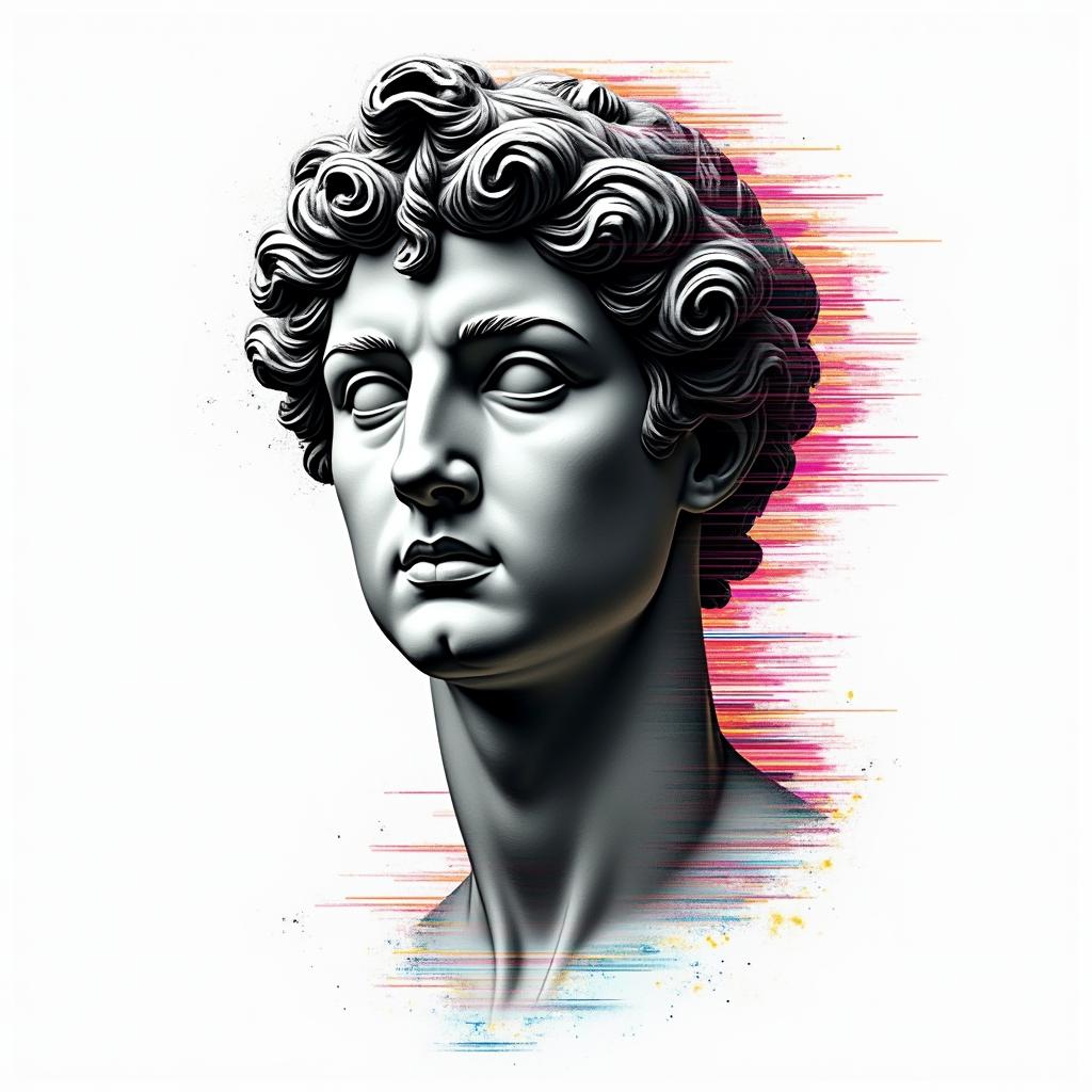 Punk, rebellious, anti-fascist, anti-capitalistin distorted and fragmented tattoo design, featuring a classical statue bust, in a glitch art style with vibrant, overlapping colors of cyan, magenta, and yellow, creating a digital distortion effect - Variation 3