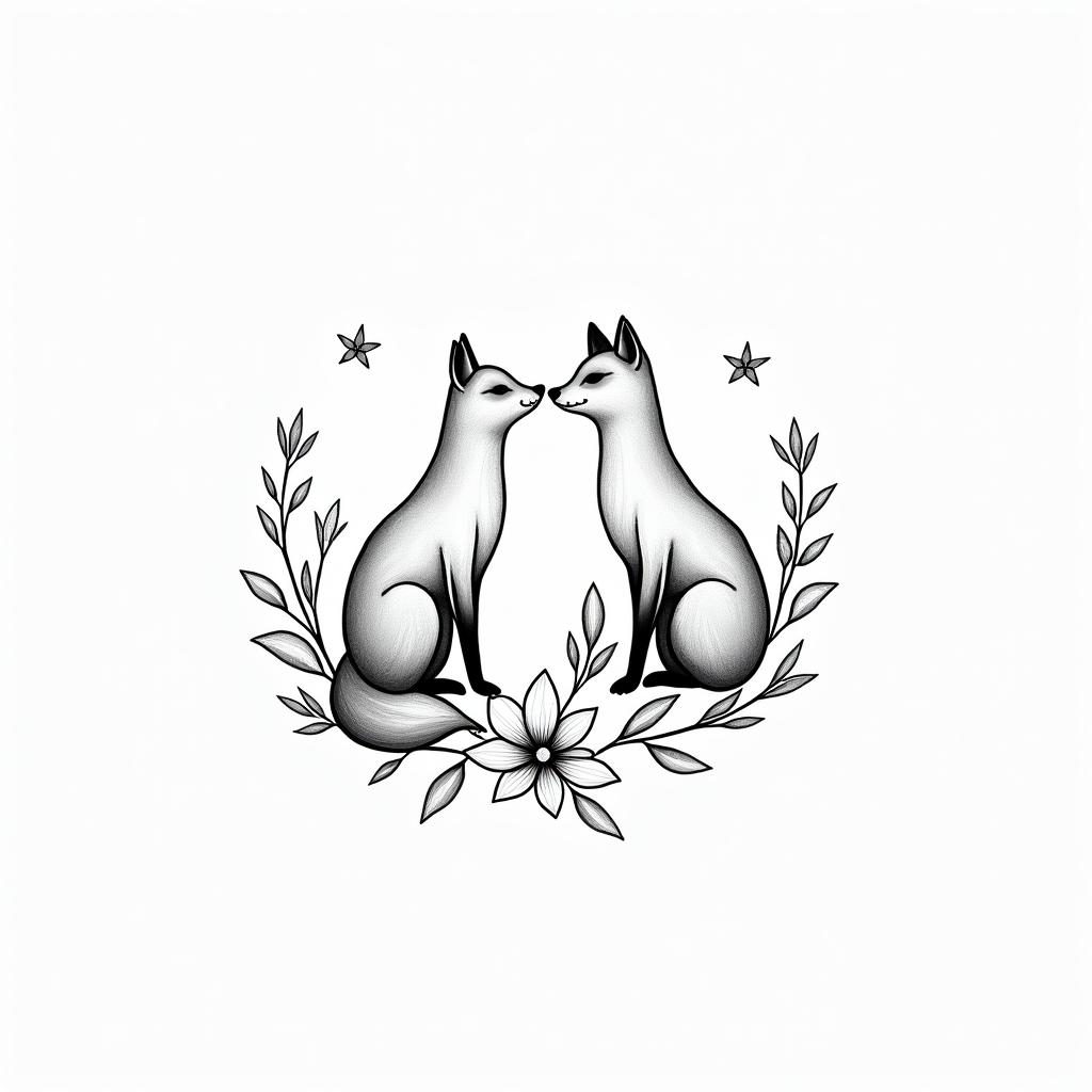 Foxes, flowers, fine line, playful, romanticin minimalist style tattoo, featuring simple shapes and fine lines, with minimal shading and details, tiny triangles, creating a sense of balance and harmony - Variation 3