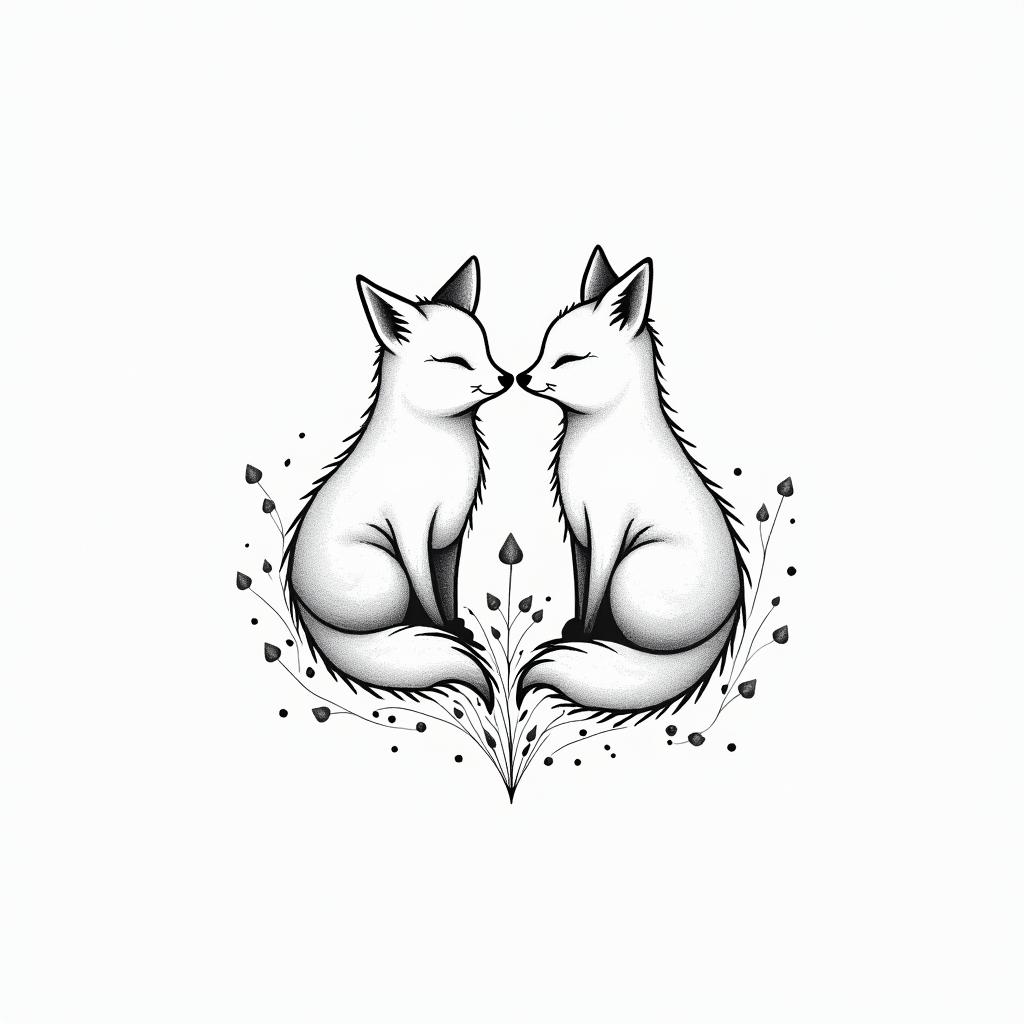Foxes, flowers, fine line, playful, romanticin minimalist style tattoo, featuring simple shapes and fine lines, with minimal shading and details, tiny triangles, creating a sense of balance and harmony - Variation 4